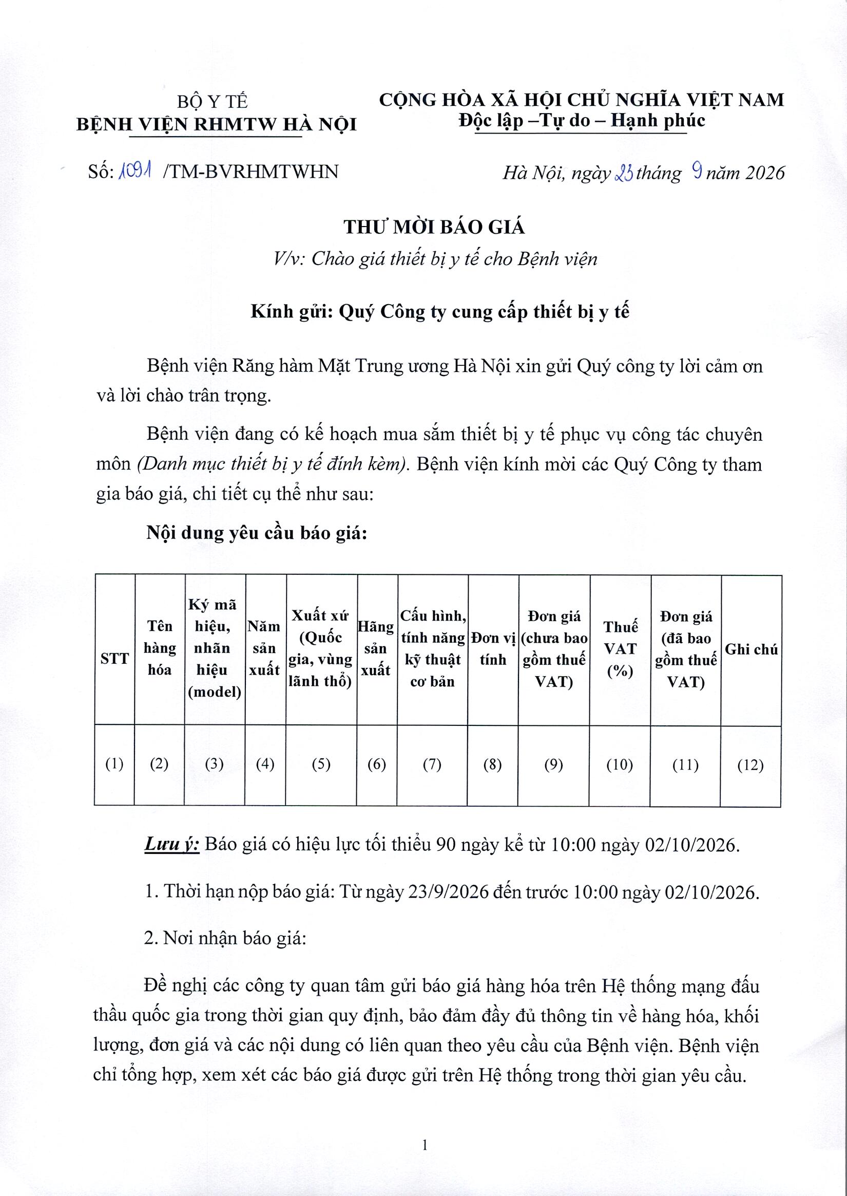 THƯ MỜI BÁO GIÁ: VỀ VIỆC CHÀO GIÁ THIẾT BỊ Y TẾ CHO BỆNH VIỆN LẦN 2